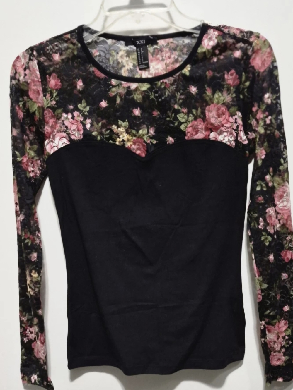 Forever 21 Black Top with Pink Floral Mesh Yoke and Sleeves. NWOT